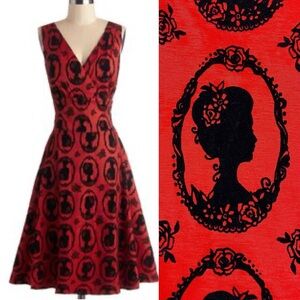 ModCloth X JawBreaker Velveteen Retro Pinup Rockabilly Cameo Midi Dress Red